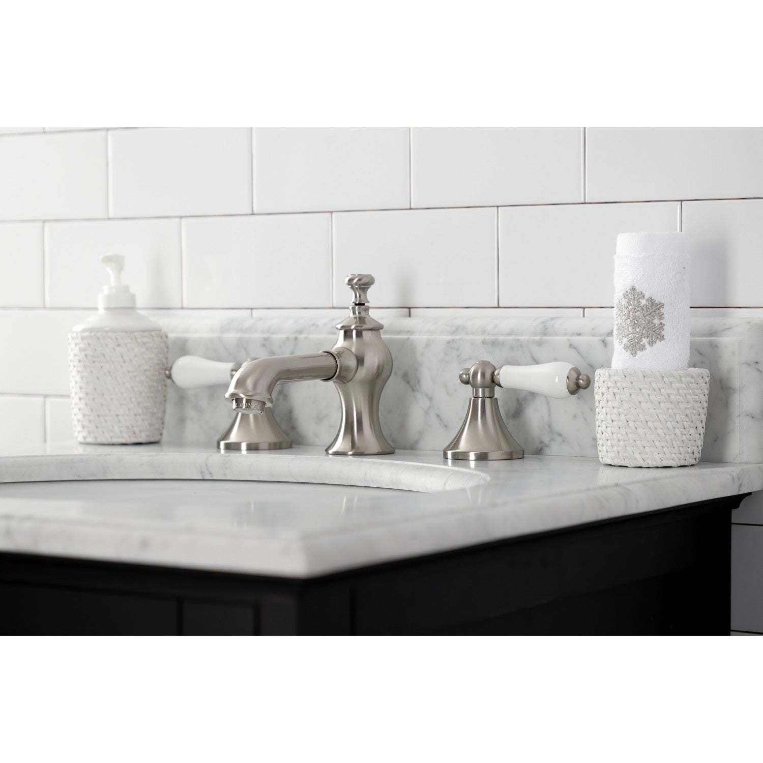 Kingston Tulare KC7068PL - Vintage Two-Handle 3-Hole Deck Mount Widespread Bathroom Faucet with Brass Pop-Up, Brushed Nickel — thumbnail 3